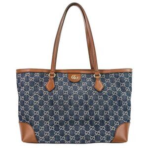 Gucci Ophidia GG Denim Medium Tote Bag Indigo Brown